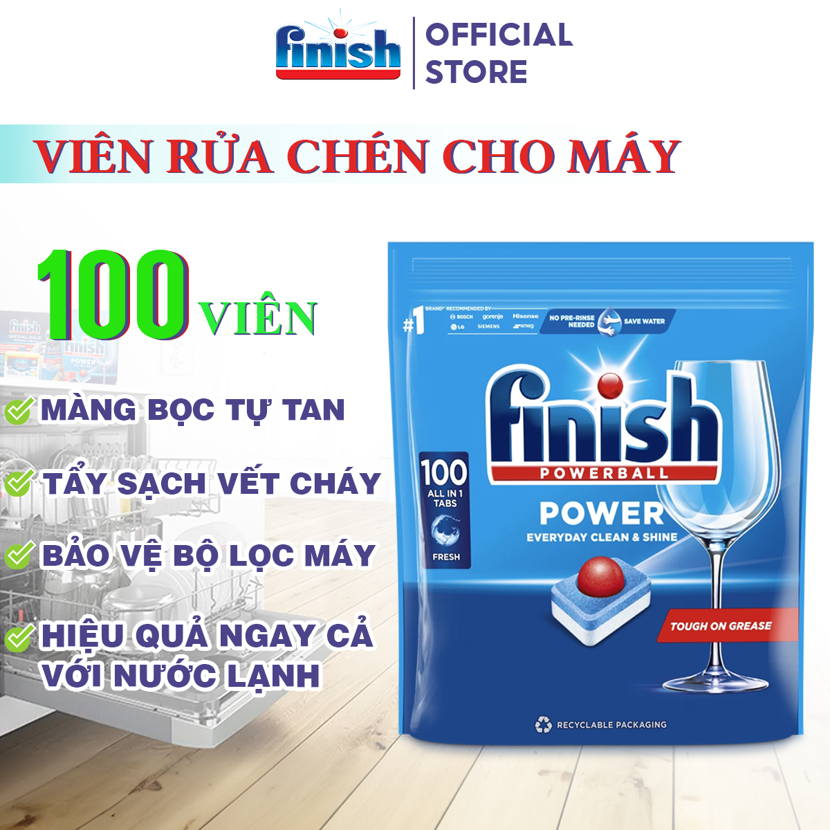 Viên rửa bát Finish All in 1 max - Túi 100 viên 2 Túi 100 viên rửa chén bát finish all in 1 max công nghệ 10X