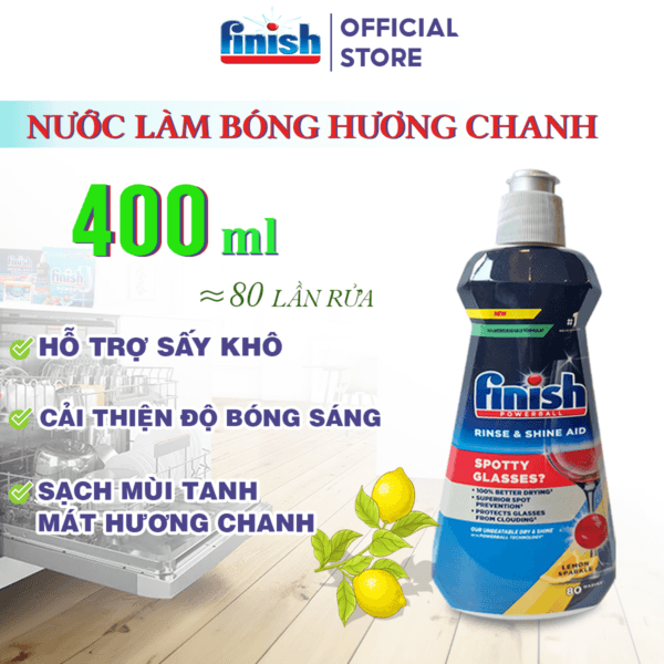 Chi tiết chai Nước làm bóng máy rửa chén hương chanh - Chai 400ml Finish Powerball Rinse & Shine Aid lemon Ba Lan