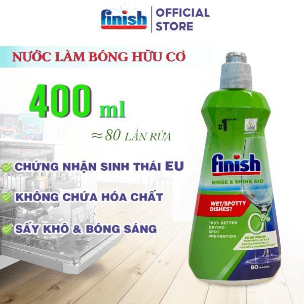 Chi tiết chai Nước làm bóng hữu cơ Finish Rinse Aid ECO 0% - Chai 400ml với chứng nhận sinh thái ecolabel EU
