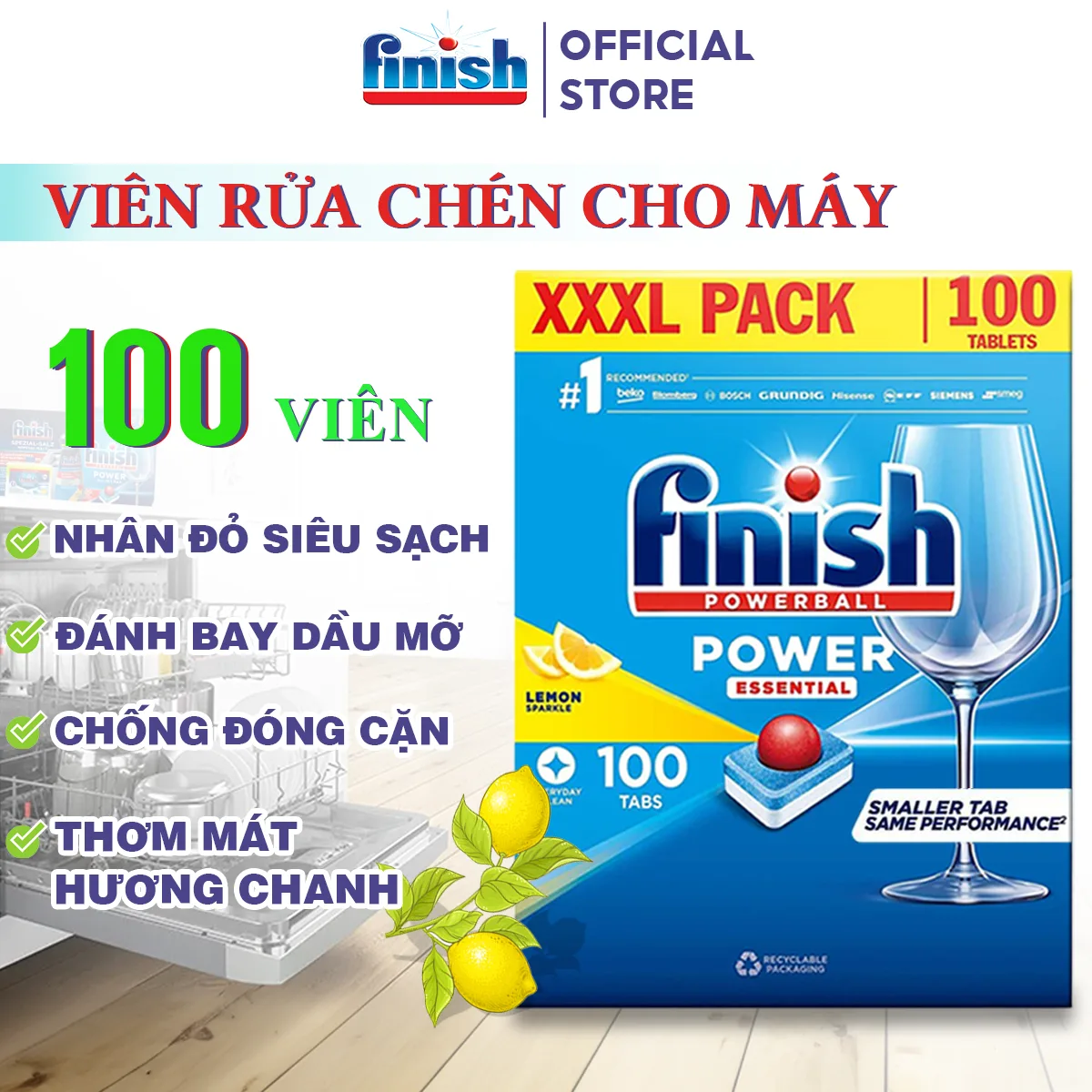Viên rửa bát Finish Essential hương chanh - Hộp 100 Viên 2 Chi tiết Viên rửa bát Finish Essential hương chanh - Hộp 100 Viên Finish Powerball Power essential 100 tablets mẫu mới mega pack all in 1 tabs nhân đỏ