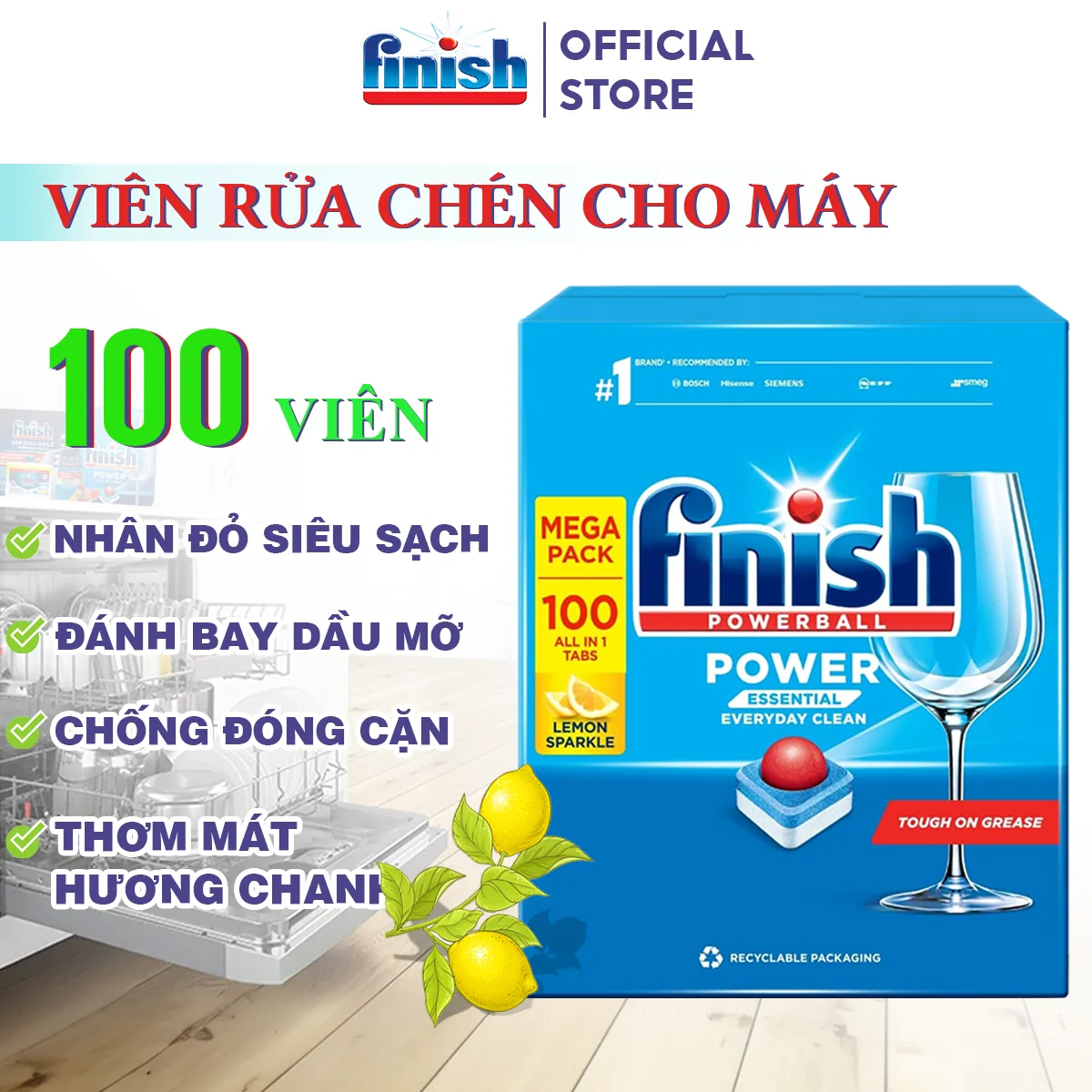 Viên rửa bát Finish Essential hương chanh - Hộp 100 Viên 3 Chi tiết Viên rửa bát Finish Essential hương chanh - Hộp 100 Viên Finish Powerball Power essential 100 tablets mẫu mới mega pack all in 1 tabs nhân đỏ